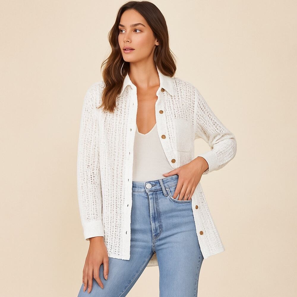 Surf Gypsy Size L Women's Cochet Button Up White Pocket Oversized Shacket